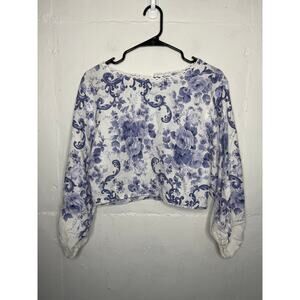 Joie Womens Large blue and white floral print long-sleeve crop blouse Linen
